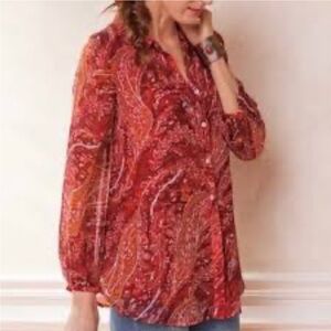 Soft Surroundings Cheyla Red and Orange Paisley Button-Up Blouse Size 2X